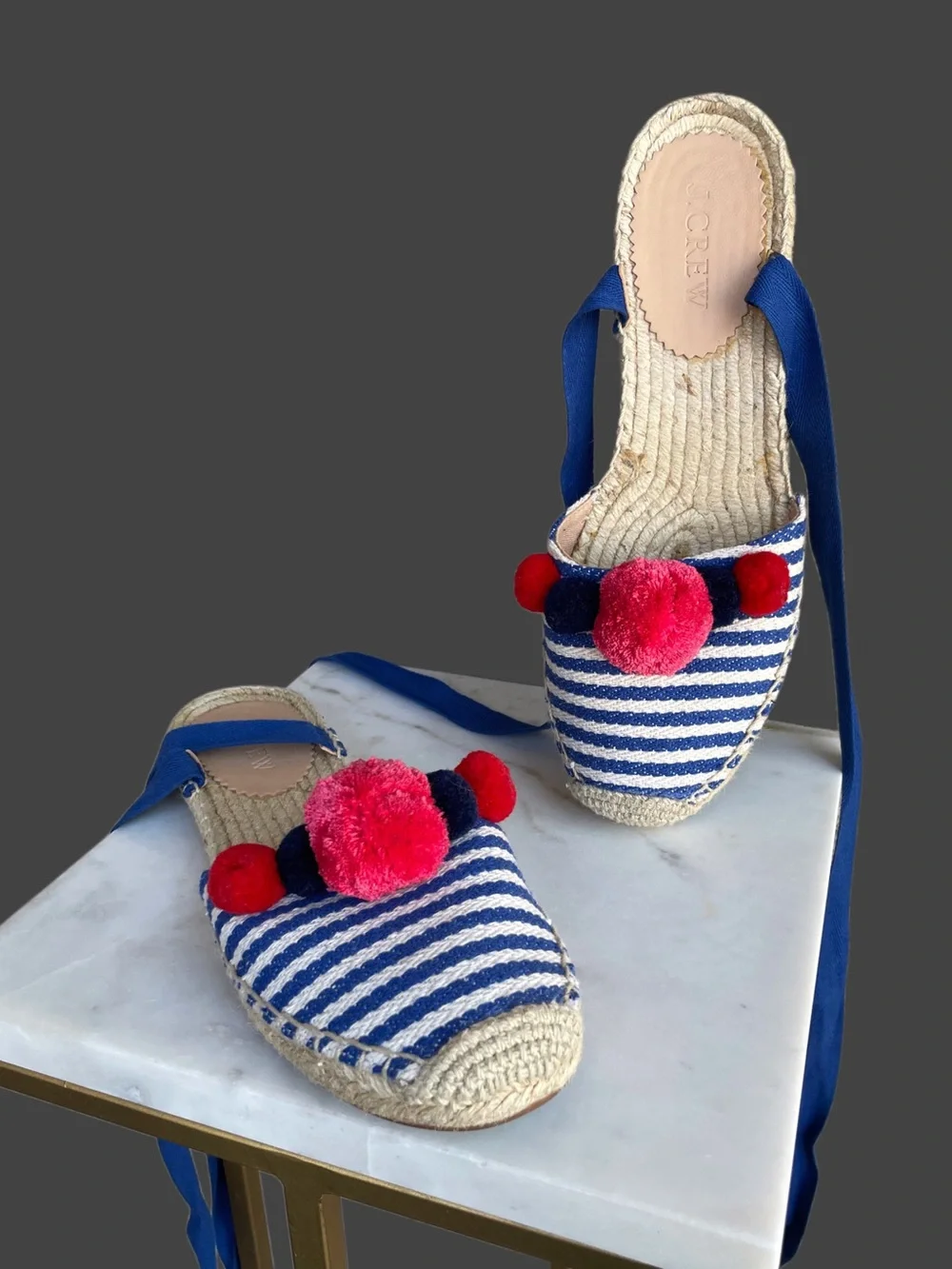 J. CREW Blue White Striped Canvas w/ Pink Pom Pom Ankle Wrap Espadrilles Flats